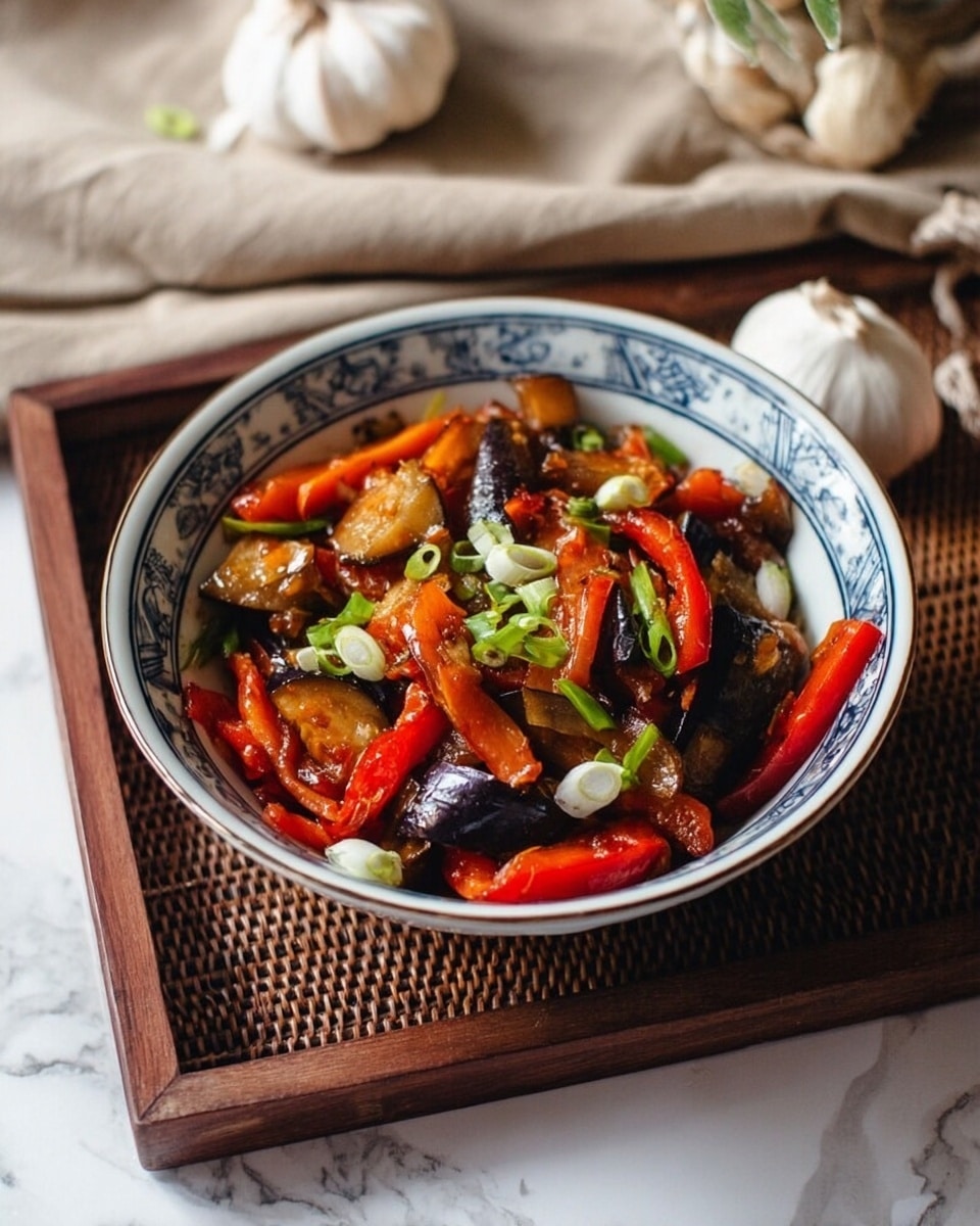 The image shows a white bowl with blue patterns around the edge filled with a colorful stir-fry dish on a rustic dark wooden tray, which rests on a brown woven mat on a white marbled surface. The dish has several layers of glossy cooked vegetables: thick reddish-orange bell pepper chunks, deep purple pieces resembling eggplant, and golden brown pieces that might be cooked potatoes or chicken, all glazed with a shiny dark sauce. Bright green chopped scallions are sprinkled on top, adding freshness to the rich colors. In the background, there is a light beige cloth and two cloves of garlic. The overall presentation is warm and inviting, highlighting the shine and texture of each ingredient. photo taken with an iphone --ar 4:5 --v 7