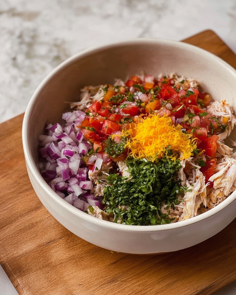 A white bowl sits on a wooden board over a white marbled surface, filled with a colorful mix of fresh ingredients. The bottom layer consists of light beige shredded meat pieces. On top, there are bright red chopped tomatoes scattered across. A layer of finely diced purple onions covers some parts of the tomatoes. Near the center, there is a small pile of shredded yellow zest. Chopped dark green leafy herbs are placed on top, adding a fresh contrast to the reds and purples. The textures range from soft meat to juicy tomatoes and crisp onions, all arranged in a loose, natural way. photo taken with an iphone --ar 4:5 --v 7