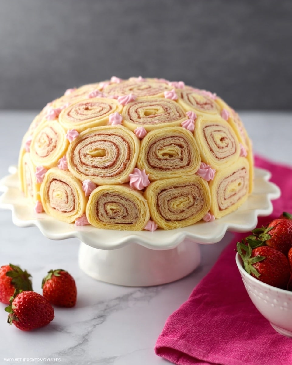 The image shows a dome-shaped cake made from many small rolls arranged tightly together, covering the entire surface of the cake in spiral patterns. The rolls are light yellow with brown swirls inside, and pink frosting fills the spaces between the rolls, creating a soft and smooth texture. The cake sits on a white ceramic cake stand with a ruffled edge, placed on a white marbled surface. To the right, there is a white bowl filled with fresh red strawberries, accompanied by a bright pink cloth nearby. Photo taken with an iphone --ar 4:5 --v 7