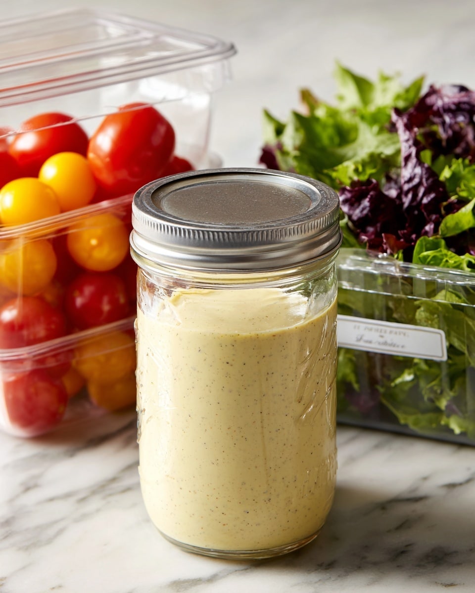 A clear glass jar with a metal top is shown, filled about halfway with a creamy, light yellow salad dressing that has small black specks inside. Behind and to the left of the jar, there is a transparent container holding red and yellow cherry tomatoes with smooth, shiny skins. Behind and to the right of the jar, there is a clear plastic box filled with fresh mixed salad leaves in shades of dark green and purple, with a white label on the front. The items are placed on a white marbled surface with soft natural light. photo taken with an iphone --ar 4:5 --v 7