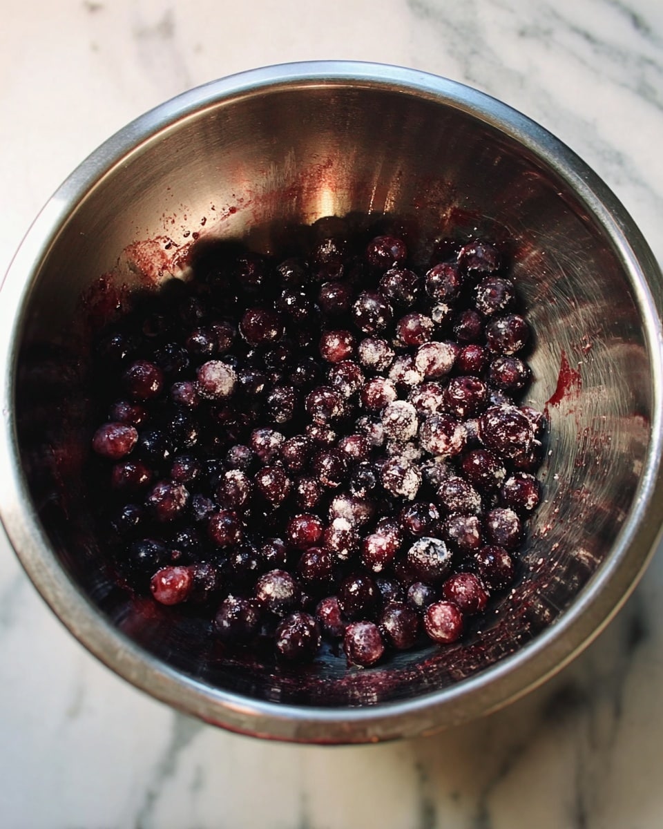 A shiny metal bowl holds an even layer of small, round, dark purple berries covered lightly in white powder. The inside of the bowl is smooth with a reflective surface, showing some faint spots of berry juice. The bowl is set against a white marbled surface. photo taken with an iphone --ar 4:5 --v 7