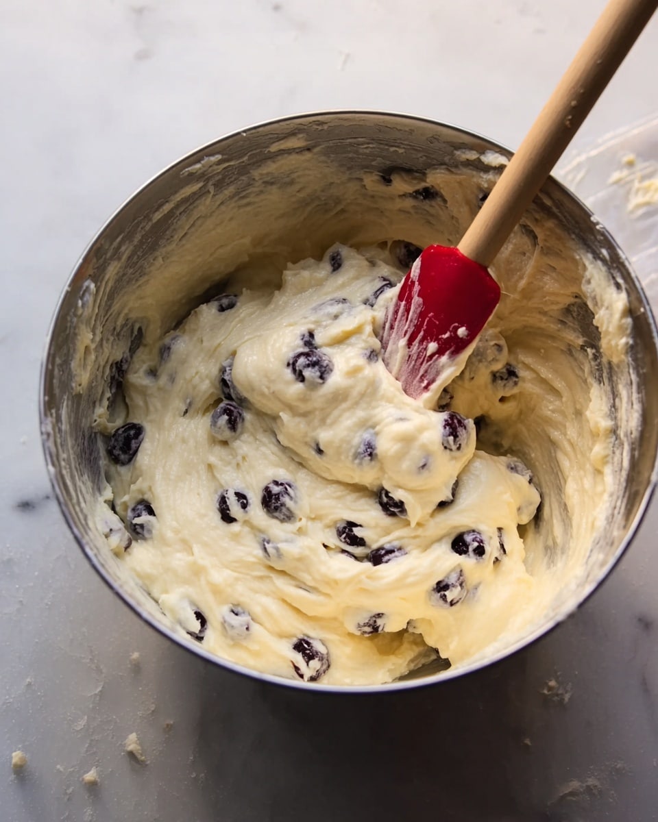 The image shows a metal bowl filled with thick, creamy batter that is light yellow in color, mixed with dark blueberries that are spread throughout the mixture in multiple places. A wooden spatula with a red silicone tip is partially dipped into the batter, positioned near the top right of the bowl, with some batter sticking to it. The bowl sits on a white marbled surface. photo taken with an iphone --ar 4:5 --v 7