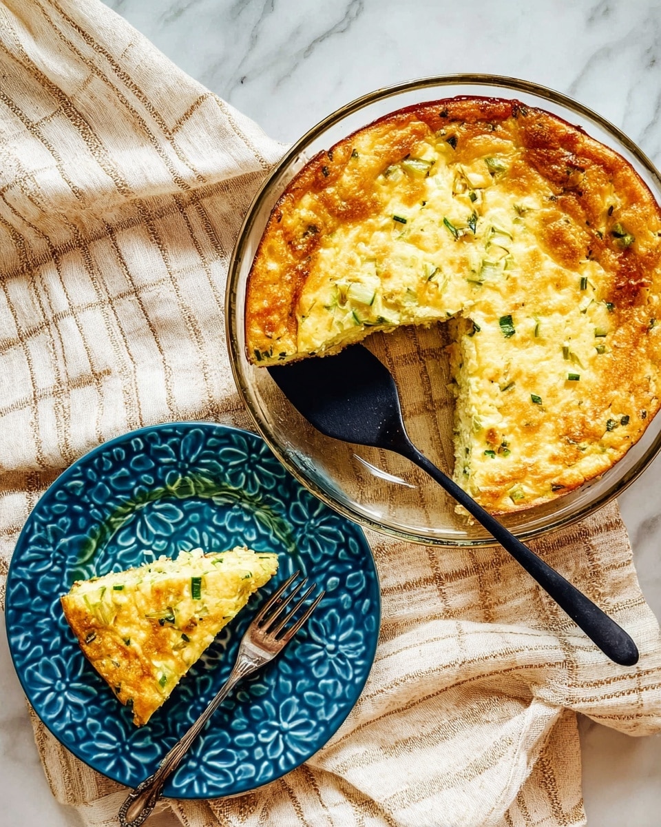 A round, golden baked dish with a slightly browned top and green herb pieces scattered throughout sits inside a clear glass pie dish. A black spatula is lifting one piece from the dish, revealing the soft, light yellow inside with bits of green. Nearby, a blue plate with a textured flower pattern holds the removed slice, showing the fluffy, moist texture of the dish. A silver fork rests next to the slice on the plate. The dish and plate are placed on a beige and white striped cloth, all set on a white marbled surface. Photo taken with an iphone --ar 4:5 --v 7