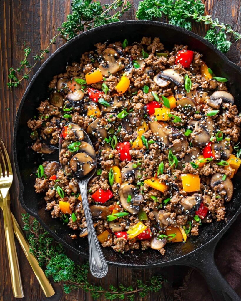Ground Beef Stir Fry with Sesame Seeds and Colorful Bell Peppers Recipe