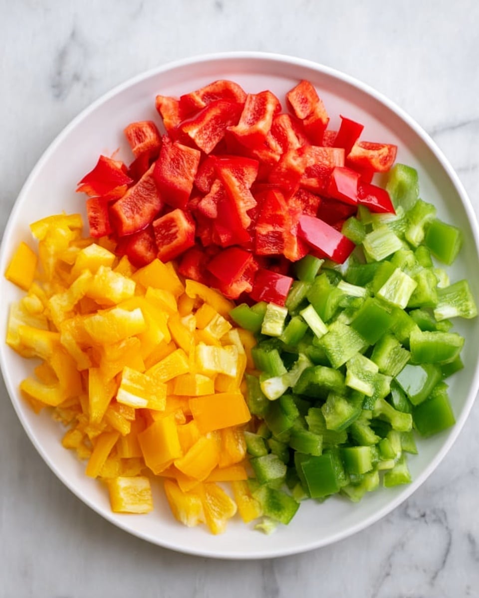 A white plate holds three separate piles of chopped bell peppers, arranged like three sections of a circle. The top left section shows bright red bell peppers with a slightly glossy texture. The top right section has green bell peppers with a fresher matte look. At the bottom left, yellow bell peppers fill the space with vivid, soft yellow chunks. The background is a white marbled surface. photo taken with an iphone --ar 4:5 --v 7