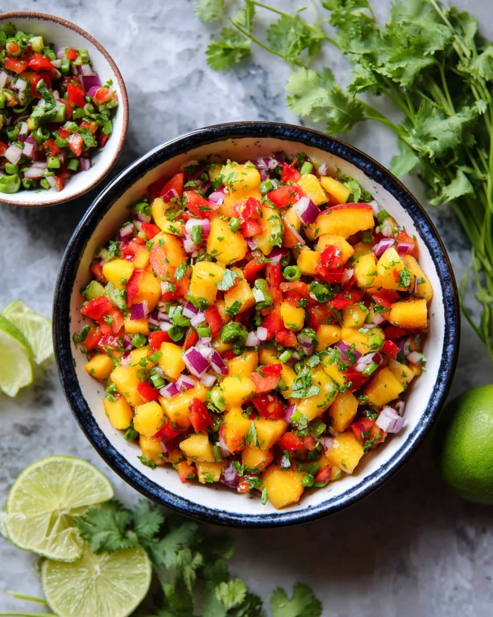 A bowl filled with small, colorful pieces of fresh salsa showing three main layers: bright yellow peach chunks with red skin, finely chopped red bell peppers, and tiny diced red onions, all mixed with green herbs like chopped cilantro and sliced green onions, sitting in a white bowl with a dark blue rim. Around the bowl are sprigs of green cilantro and lime wedges on a white marbled surface. Two small white bowls with more salsa and cilantro are partially visible near the top left and bottom left corners of the image. photo taken with an iphone --ar 4:5 --v 7