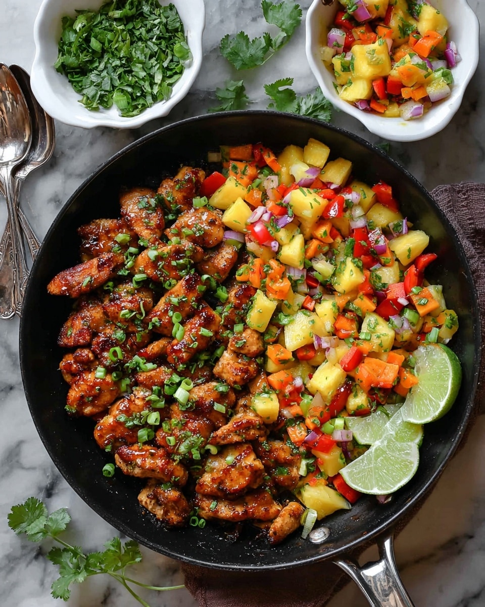 A black pan filled with two main layers: on one side, pieces of brown cooked chicken with a shiny glaze sprinkled with chopped green onions and cilantro leaves; on the other side, chopped mixed fruits and vegetables in bright colors including yellow pineapple, red bell peppers, orange pieces, and small bits of red onion, all topped with some cilantro. The pan is placed on a white marbled surface with two lime wedges on the top right edge of the pan. Nearby are two small white dishes — one holding more chopped fruits and vegetables and the other with cilantro leaves — and two silver spoons resting on the surface. photo taken with an iphone --ar 4:5 --v 7