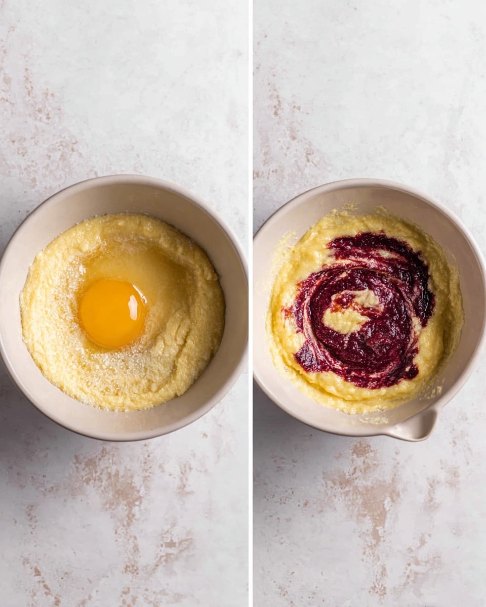 Two images side by side show a white bowl on a white marbled surface. The left image has a thick, light yellow mixture with a raw egg yolk in the center. The right image shows the same light yellow mixture but now topped with a thick, reddish-purple swirled mixture in the center. The bowl has a small spout on the lower right side. photo taken with an iphone --ar 4:5 --v 7