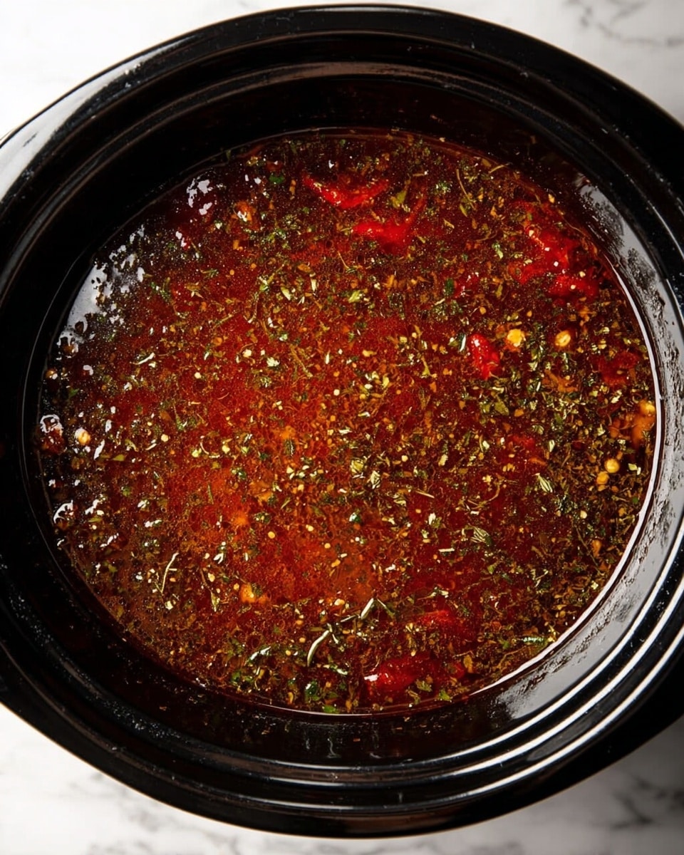 Inside a black slow cooker, a dark reddish-brown liquid filled with visible herbs and spices covers small chunks of ingredients beneath the surface. The liquid looks thick and rich, with flecks of green and brown herbs sprinkled evenly across the entire dish, along with bits of red that likely come from peppers or tomatoes. The slow cooker rests on a white marbled surface. photo taken with an iphone --ar 4:5 --v 7