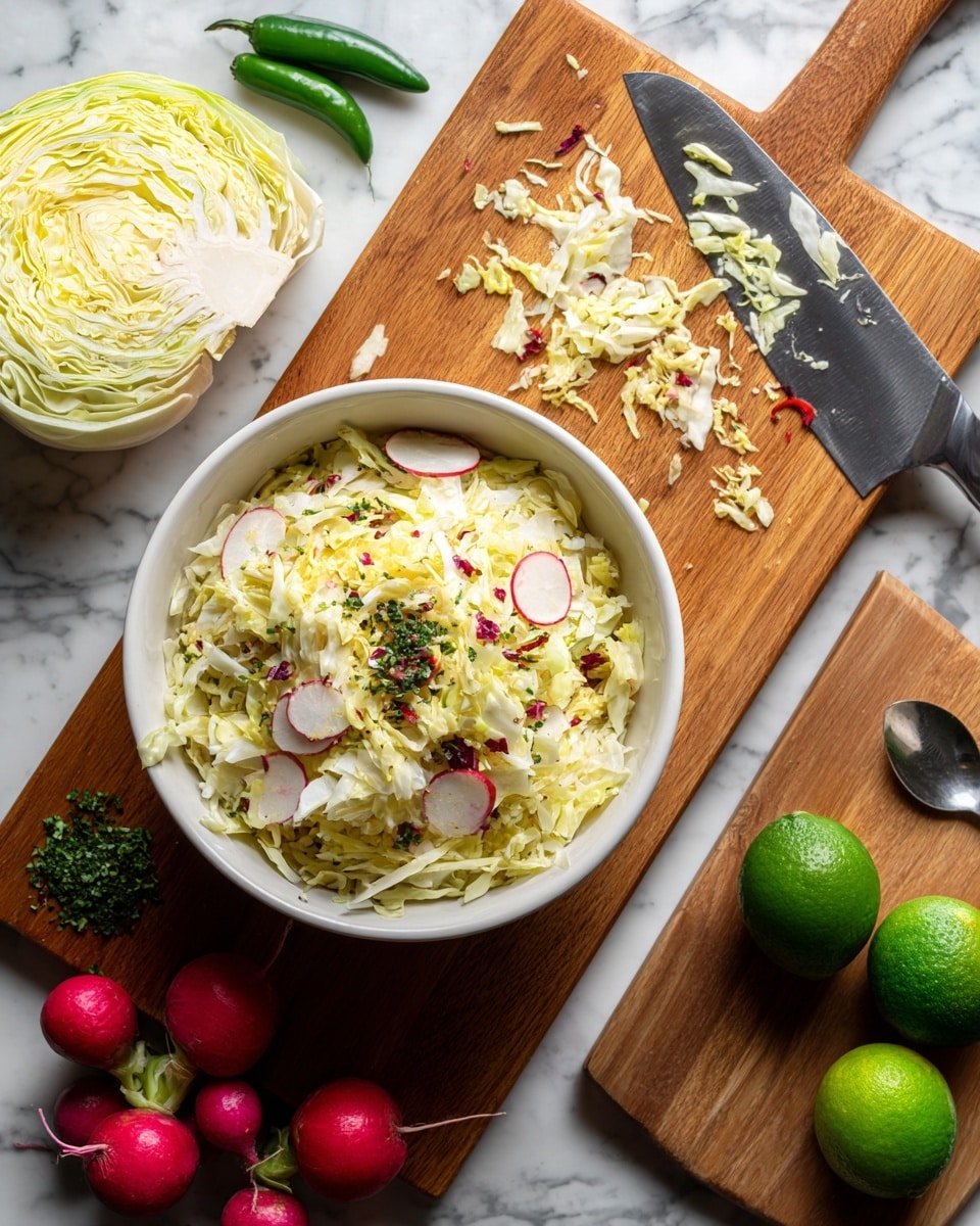 A white bowl filled with a mixed salad of shredded pale yellow cabbage, thin white slices, small bright red radish pieces, and scattered dark green herbs, sitting on a wooden cutting board. To the left, there is a half head of cabbage showing its pale yellow and white layers. Above the bowl, loose shredded cabbage lies spread out. On the right side of the cutting board, there are two whole dark green limes, some whole red radishes, small green chili peppers, and a large knife with chopped herbs nearby. A spoon rests diagonally on the cutting board near the limes. The surface below the cutting board is a white marbled texture. Photo taken with an iphone --ar 4:5 --v 7