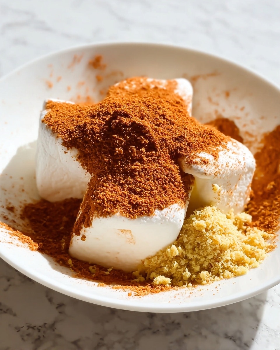 In a close-up shot, there is a white bowl containing four large white marshmallows arranged in a loose cluster. On top of the marshmallows, a thick layer of reddish-brown spice powder is sprinkled heavily, covering much of the marshmallows and spreading slightly onto the bowl's surface. There is also a small clump of a yellowish, crumbly textured ingredient on the side under the spices. The bowl sits on a white marbled surface, and the light highlights the soft and powdery textures clearly. Photo taken with an iphone --ar 4:5 --v 7