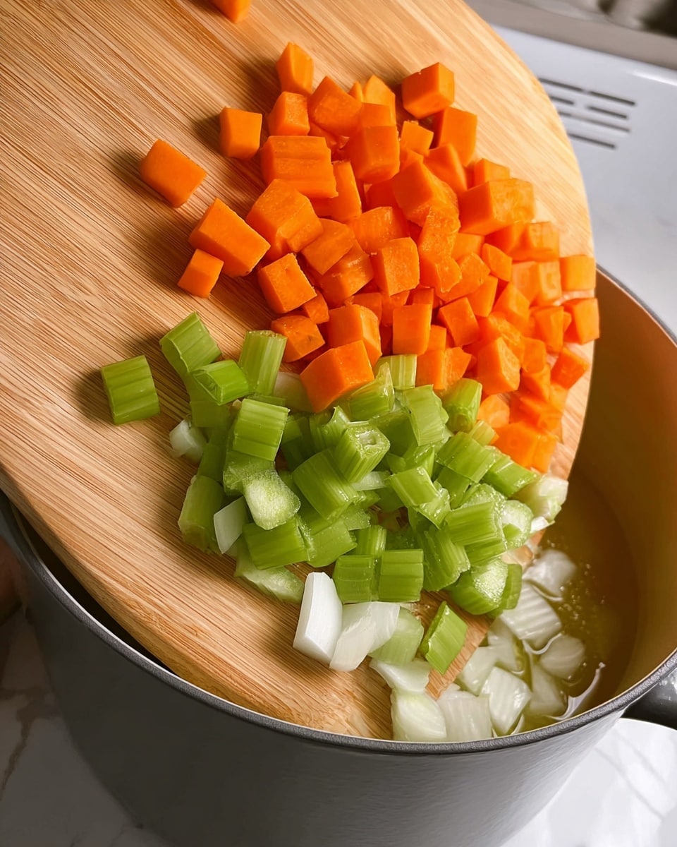 A close-up view shows a wooden cutting board tilted above a gray pot with cooking oil inside. On the cutting board, there are three layers of freshly chopped vegetables: bright orange carrot cubes in the middle, green celery slices on the upper side, and white onion pieces at the bottom. The background is a white marbled texture. photo taken with an iphone --ar 4:5 --v 7