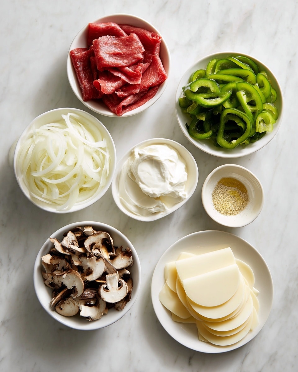 The image shows eight small white bowls on a white marbled surface, each with different ingredients arranged neatly. Starting from the top left is a bowl filled with thin, red slices of raw steak. Next to it on the right is a bowl with bright green sliced green peppers. Below the peppers are white sour cream dolloped smoothly in a bowl. To the left of the sour cream is a bowl with dark and light brown sliced mushrooms. Left of the mushrooms is another bowl with thinly sliced white onions. Below the onions is a tiny bowl with light brown garlic powder, and next to it on the right is a small bowl with clear avocado oil. Finally, on the bottom right is a white plate with several round, thin beige slices of provolone cheese stacked neatly. Everything is clean and organized. Photo taken with an iphone --ar 4:5 --v 7