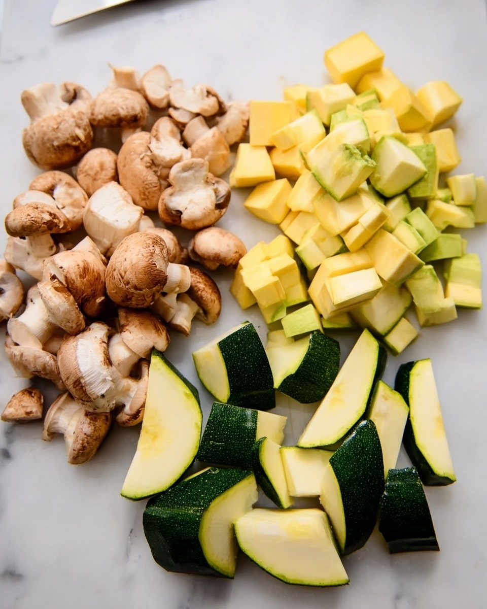 The image shows three groups of chopped vegetables placed on a white marbled surface. On the left, there is a pile of small, light brown mushrooms that are halved or quartered, showing their pale insides and rounded caps. In the middle, there are large yellowish-green cubes of zucchini, neatly arranged in a block. On the right, there are dark green zucchini slices shaped like thick half-moons, arranged in a loose line. The lighting is bright and even, highlighting the fresh textures of the vegetables. photo taken with an iphone --ar 4:5 --v 7