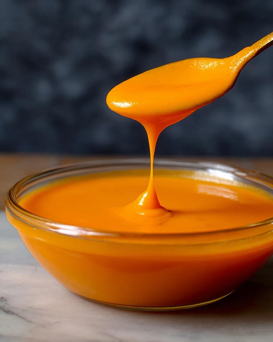 The image shows one clear glass bowl filled with a smooth, bright orange soup or sauce with a shiny, creamy texture. A spoon with the same bright orange liquid is lifted above the bowl, and the liquid drips slowly from the spoon back into the bowl. The background is dark and blurry, while the surface below the bowl is a white marbled texture. Photo taken with an iphone --ar 4:5 --v 7