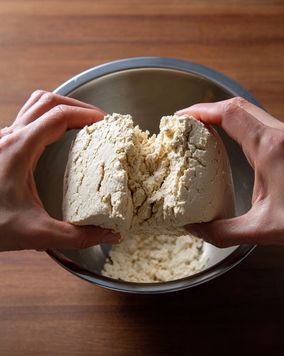 A pair of hands is holding and pulling apart a block of crumbly, light beige tofu above a large, deep silver bowl, which sits on a wooden surface. The tofu has a rough, grainy texture with small cracks and uneven edges visible where it is being pulled, showing its soft interior. The focus is on the breaking tofu and the hands in the center of the image. Photo taken with an iphone --ar 4:5 --v 7