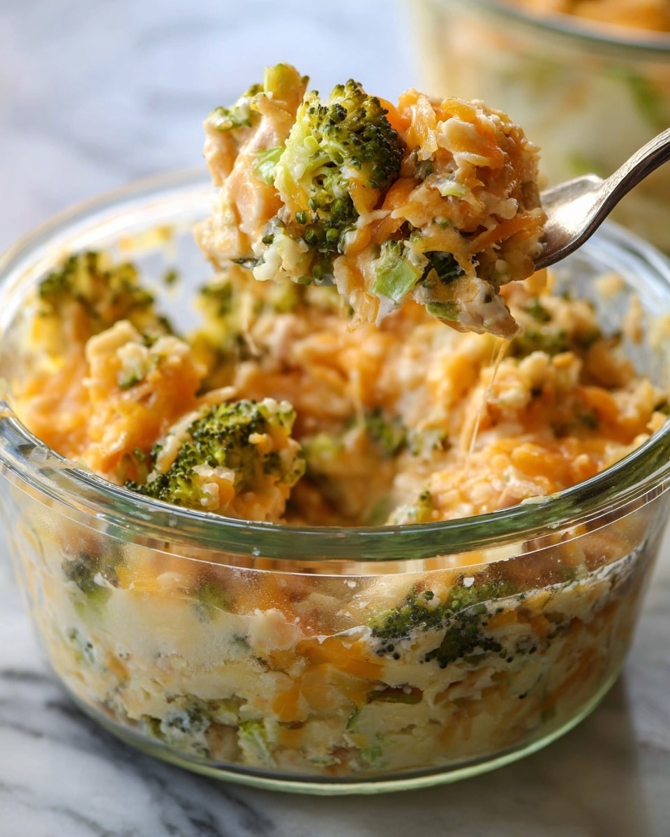 A clear glass bowl filled with a layered dish showing a mix of light golden shredded pieces and small green broccoli florets. The dish has a creamy, melted texture with some slightly browned edges, and a fork is lifting a portion, showing the layers of soft, cheesy, pale orange topping mixed with chunks of broccoli underneath. The background is a white marbled texture. photo taken with an iphone --ar 4:5 --v 7