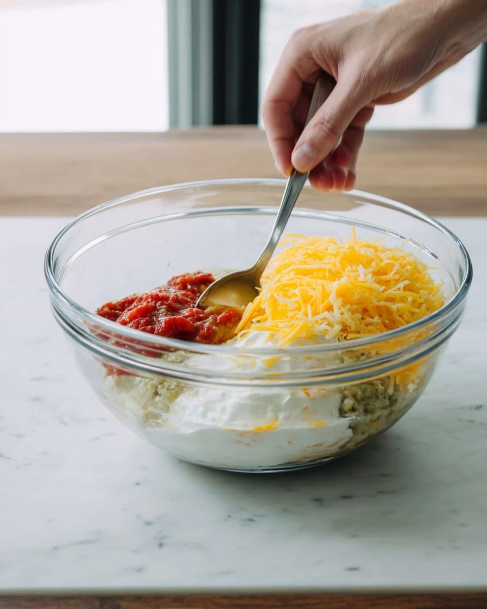 A clear glass mixing bowl sits on a white marbled surface, filled with several visible layers of ingredients. The bottom layer is a white creamy texture, topped with a bright yellow shredded layer of cheese on one side. Next to the cheese, there is a small amount of red chunky sauce and a bit of green chunky sauce beside it. A woman's hand stirs the mixture with a metal spoon, and the background shows a brightly lit kitchen. Photo taken with an iphone --ar 4:5 --v 7