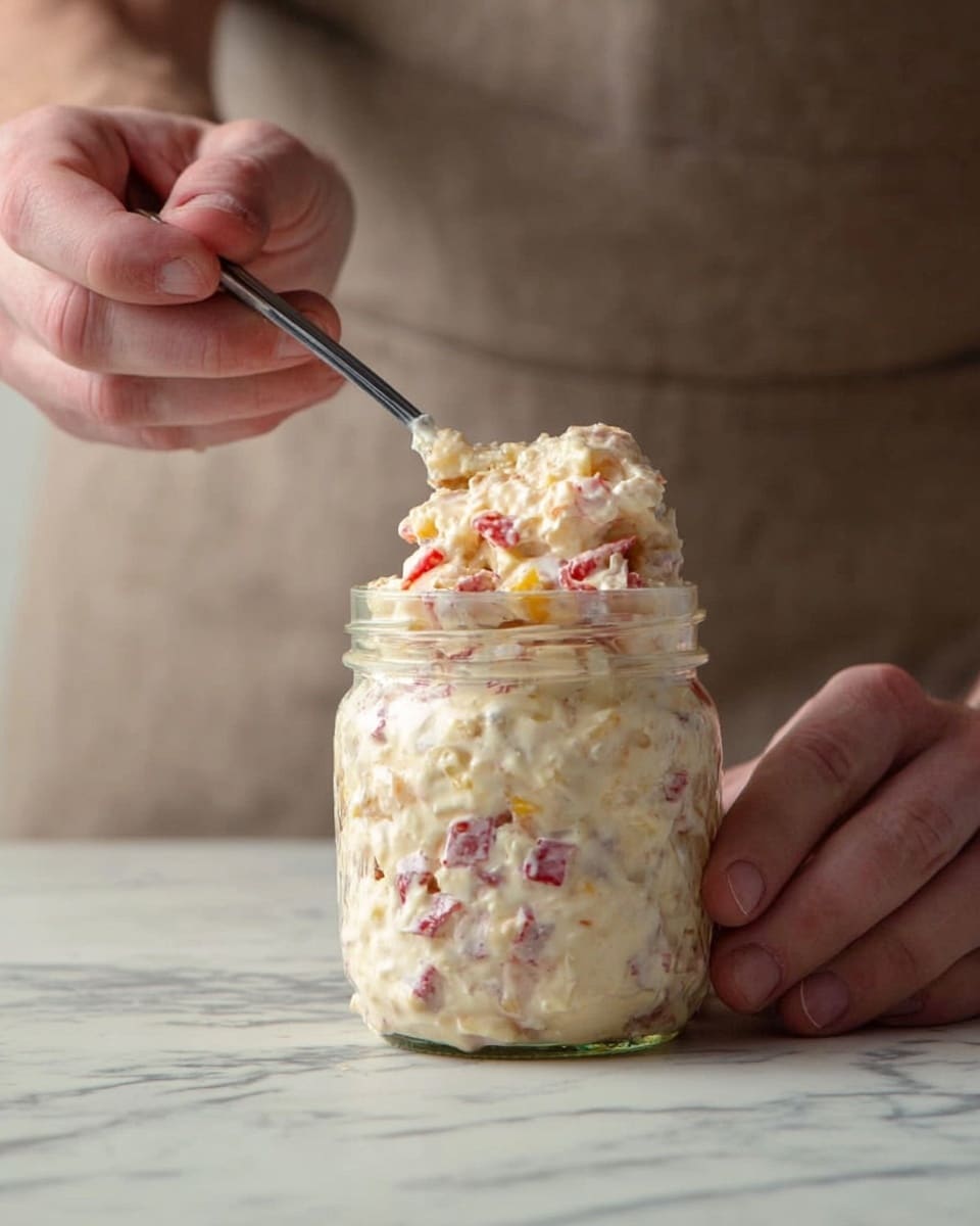 A clear glass jar filled with a creamy salad mixture that has visible small pieces of red, yellow, and white ingredients throughout, showing a soft and slightly chunky texture. A person's two hands are seen, one holding the jar steady and the other using a spoon to scoop the salad from the top, with the scoop forming a rounded heap above the jar. The background has a soft focus with neutral tones, and the surface is a white marbled texture. photo taken with an iphone --ar 4:5 --v 7