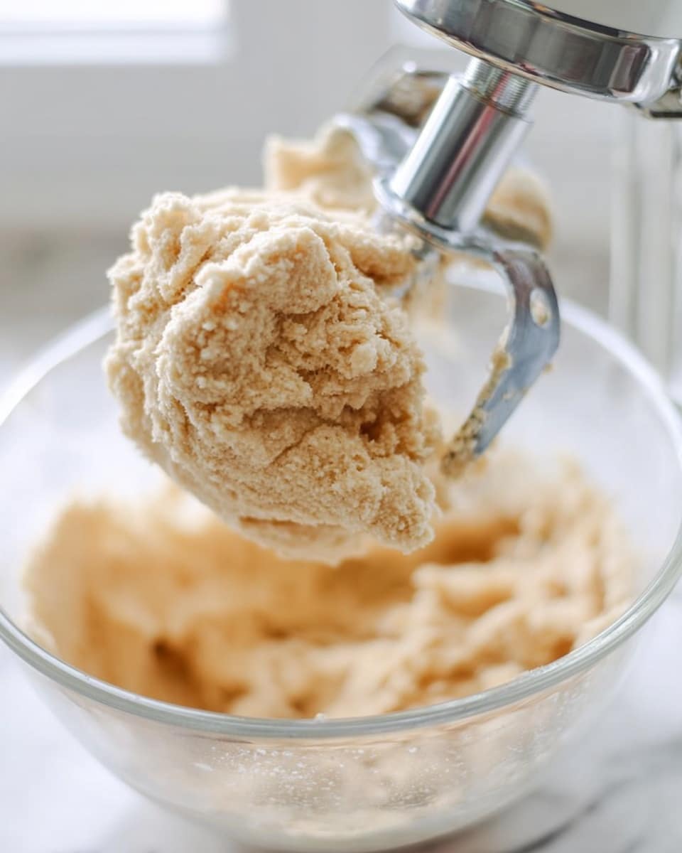 A close-up image showing a stand mixer paddle attachment lifting a large scoop of creamy beige dough with a soft and slightly crumbly texture from a clear glass bowl. The background is softly blurred, highlighting the dough's dense and fluffy consistency. The scene is set on a white marbled surface under natural light, creating a clean and fresh atmosphere. Photo taken with an iphone --ar 4:5 --v 7