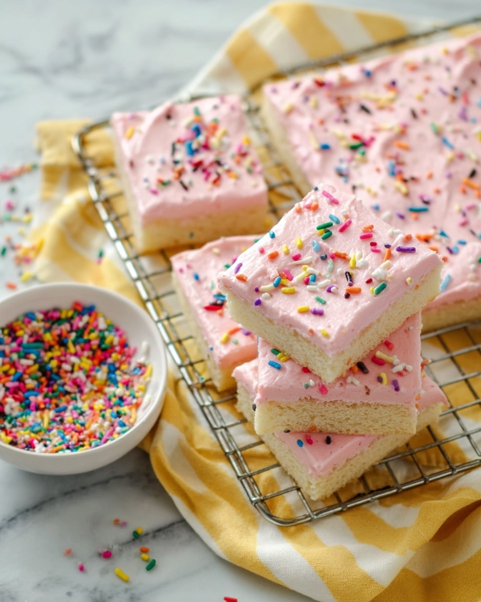 A stack of square, soft cookies is shown on a cooling rack, each with two clear layers: a light beige bottom cookie and a thick, fluffy light pink frosting on top. The frosting has a smooth but slightly swirled texture, decorated with colorful round and rod-shaped sprinkles scattered evenly. To the left, there is a small white bowl filled with the same colorful sprinkles. Under the rack is a yellow kitchen towel with white lines, and the whole scene is set on a white marbled surface. Photo taken with an iphone --ar 4:5 --v 7