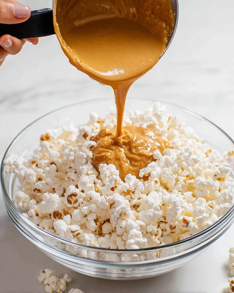 The image shows a large pile of caramel-coated popcorn with a rich golden brown color, all over a white marbled surface. A shiny metal scoop is filled with the popcorn and is positioned in the center, lifting a dense bunch of the popcorn pieces, showing their glossy and textured surfaces. The popcorn kernels have an uneven, puffy shape with a sticky caramel layer that appears smooth and glistening under the light. The background is softly blurred, focusing on the shiny caramel popcorn in the scoop and the pieces around it photo taken with an iphone --ar 4:5 --v 7