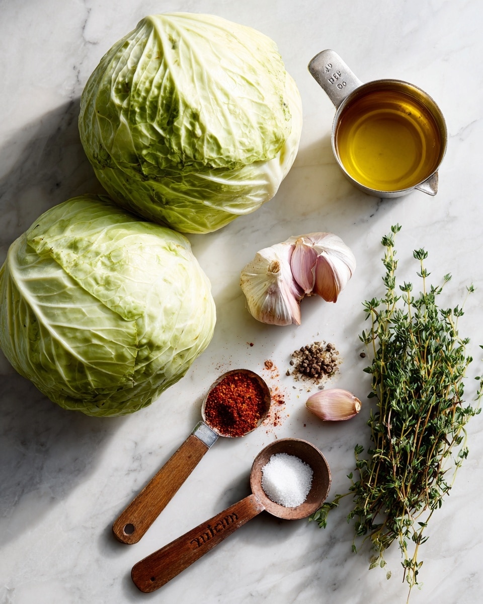 The image shows two whole pale green cabbages placed on the left side on a white marbled surface. On the right side, there is a small metal measuring cup filled with golden yellow olive oil at the top, below it are two metal measuring spoons with white salt and red paprika powder, and a small wooden spoon holding black pepper. To the right of the spices are three light purple garlic cloves. At the bottom right, there is a bundle of fresh green thyme stems. Each ingredient is neatly arranged and clearly visible in the bright natural light, with labels identifying them. Photo taken with an iphone --ar 4:5 --v 7