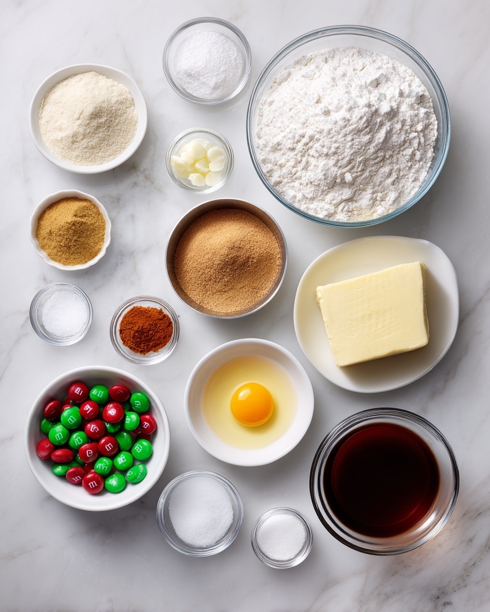 A white marbled surface holds 12 separate small bowls and containers, each with a different baking ingredient. At the center bottom is a glass bowl filled with white flour. Above it to the right is a clear glass bowl with white sugar, and next to that on the far right is a small white bowl containing orange cinnamon powder. On the far left, a small white bowl labeled spices holds several powders in brown and beige tones. In the middle sits a white bowl with brown sugar, and below it a silver bowl with red and green M&M candies. Below the sugar bowl is a white bowl with a single raw egg, the yellow yolk visible. Above the egg is a stick of butter wrapped in yellow paper. Above the butter are two small glass bowls, one with white baking soda and the other with white salt. To the right of salt is a small white bowl with dark brown molasses, and next to it is a small white bowl containing amber vanilla extract. The items are spaced evenly on the surface. photo taken with an iphone --ar 4:5 --v 7