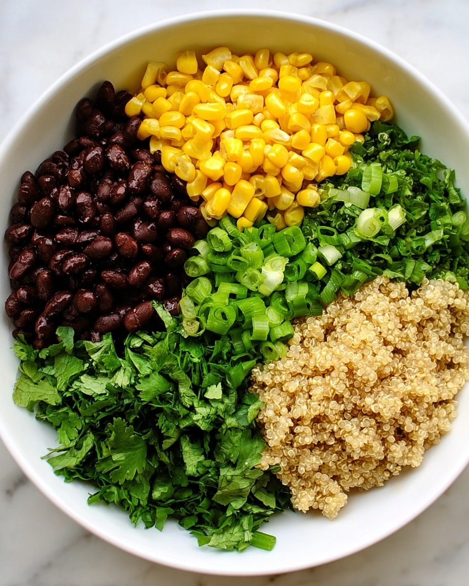 A white bowl holds five layers of food arranged in separate sections. Starting from the top and moving clockwise, there is a bright yellow layer of corn kernels, a dark brown layer of black beans, a fresh green layer of chopped green onions, a light tan layer of cooked quinoa with small grains, and a leafy green layer of cilantro. Each layer has a distinct texture, with the quinoa looking fluffy, the black beans smooth and shiny, the corn firm and glossy, the green onions curled and fresh, and the cilantro leafy and slightly ruffled. The bowl sits on a white marbled surface. photo taken with an iphone --ar 4:5 --v 7
