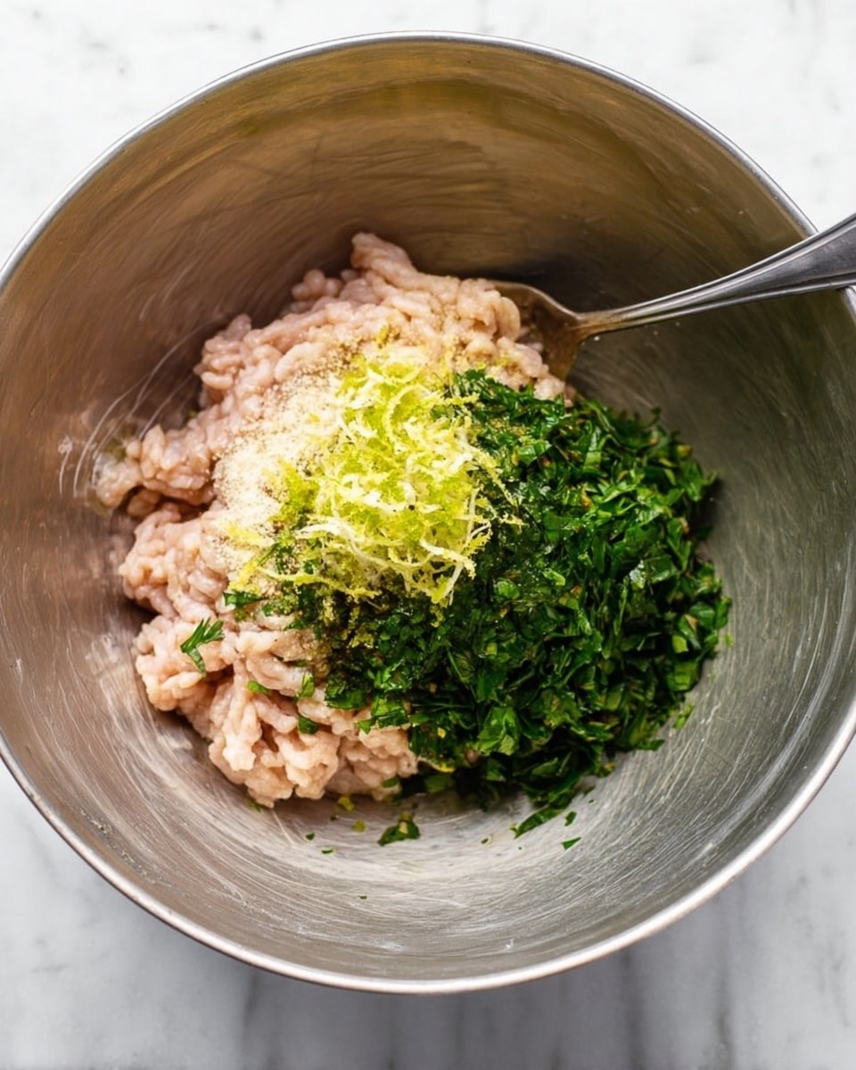 A large silver metal bowl sits on a white marbled surface, filled with layers of ingredients ready to be mixed. At the base, there is a pile of pale pink ground meat with a soft, smooth texture. On one side, finely chopped green herbs create a fresh, leafy layer. At the top center, bright green lime zest is spread over a sprinkling of white and light yellow seasonings, while a silver spoon rests inside the bowl on the right side. photo taken with an iphone --ar 4:5 --v 7
