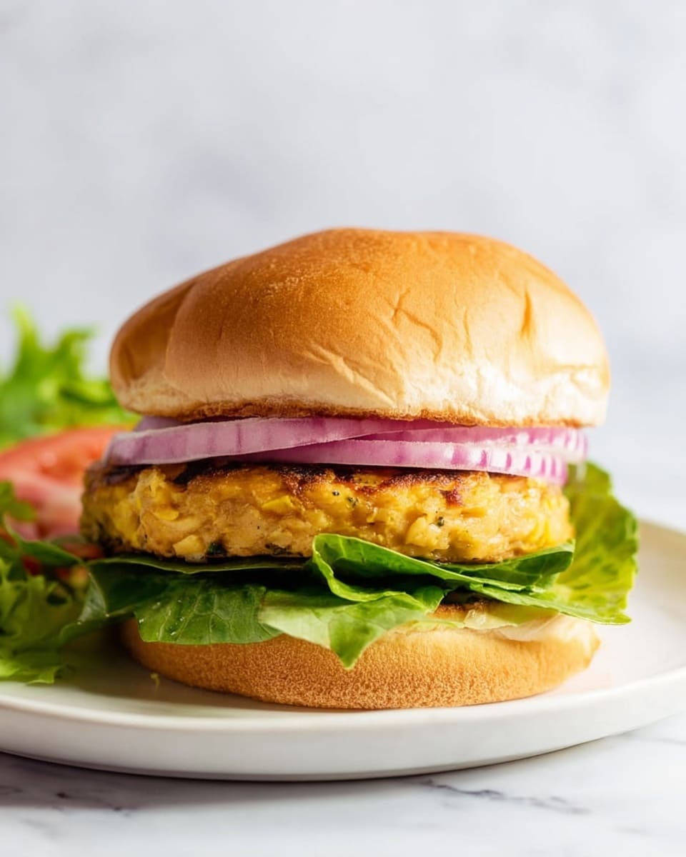 A sandwich sits on a white plate with a white marbled surface underneath. The sandwich has four layers: at the bottom is a soft green lettuce leaf, on top of that is a thick, golden grilled patty with a slightly bumpy texture, followed by two thin rings of light purple onion, and the sandwich is topped with a soft, lightly browned bun. Some fresh green lettuce and hints of red tomato are visible in the background. photo taken with an iphone --ar 4:5 --v 7