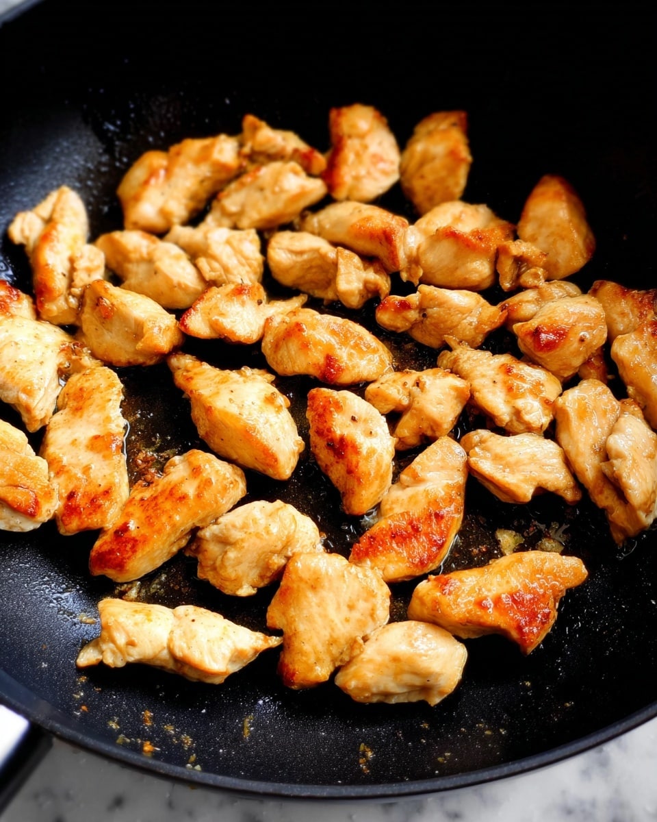 The image shows a close-up view of many small pieces of light brown cooked chicken with golden brown edges arranged in a black pan. The pan has a slightly shiny surface with some oil visible, and the chicken pieces are scattered unevenly across the pan, showing smooth and slightly crispy textures on some parts. The background is a white marbled texture. photo taken with an iphone --ar 4:5 --v 7