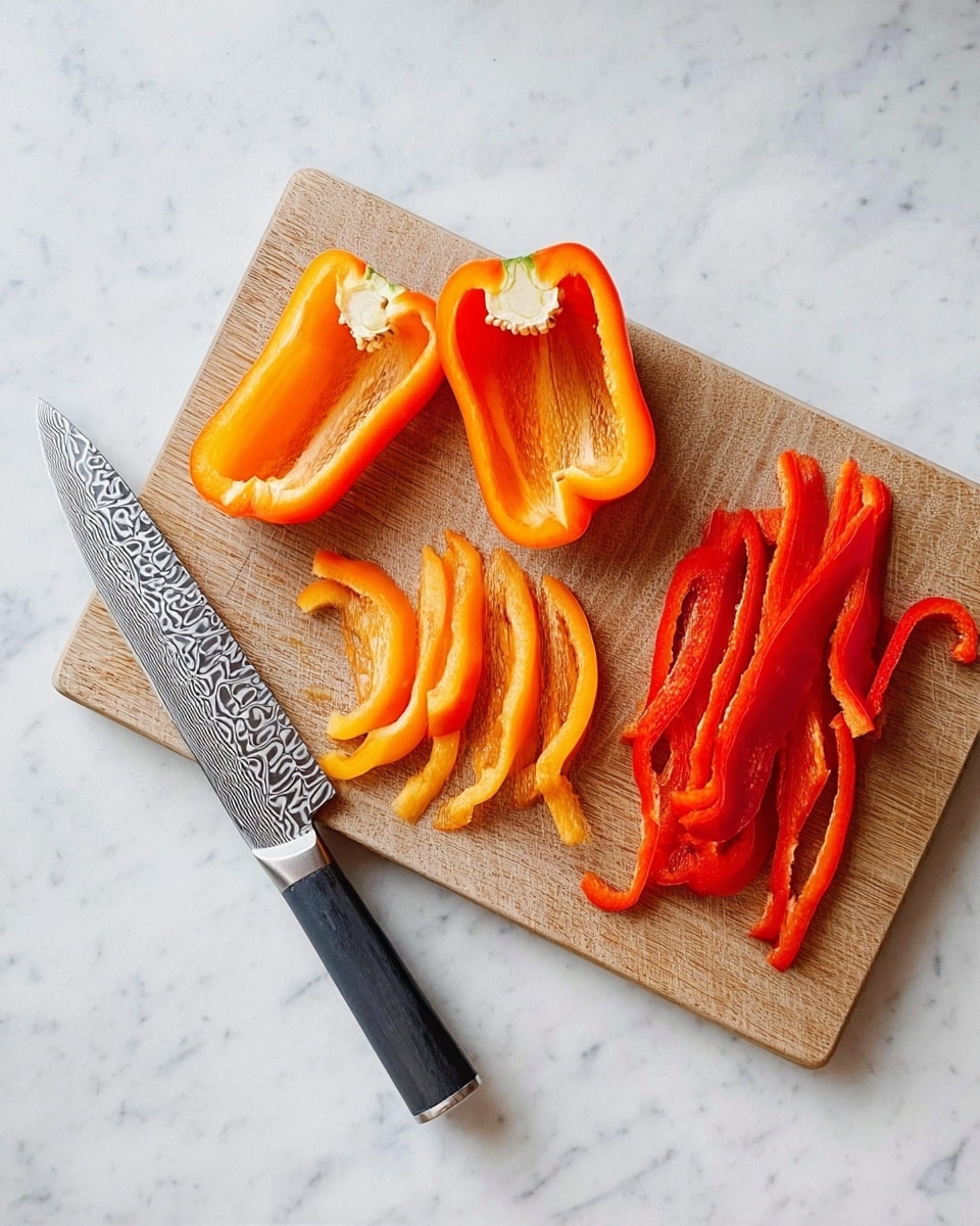 A wooden cutting board on a white marbled surface holds slices of bell peppers and a sharp knife with a textured metal blade and black handle. On the left, two thick orange bell pepper halves with smooth, shiny skin are placed flat. To their right, there are several medium-thin orange pepper strips, showing a lighter orange inside skin with a slightly translucent look. On the far right side, there are thin red pepper strips with wavy edges and a glossy texture, arranged neatly next to the knife. The scene is bright and clear, emphasizing the fresh and crisp look of the peppers. photo taken with an iphone --ar 4:5 --v 7
