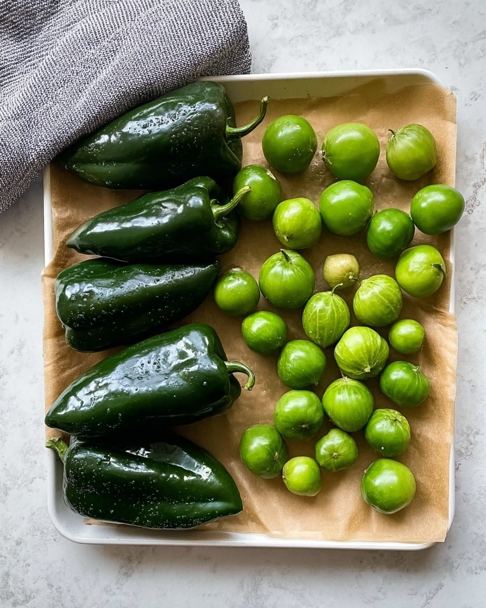 The image shows a white tray lined with light brown parchment paper on a white marbled surface. On the parchment paper, there are four large dark green poblano peppers positioned on the left side. To the right of the peppers, there are about twenty small bright green tomatillos scattered across the parchment paper, with a smooth and shiny texture. A striped gray and white cloth is partly visible on the top left corner of the image. photo taken with an iphone --ar 4:5 --v 7