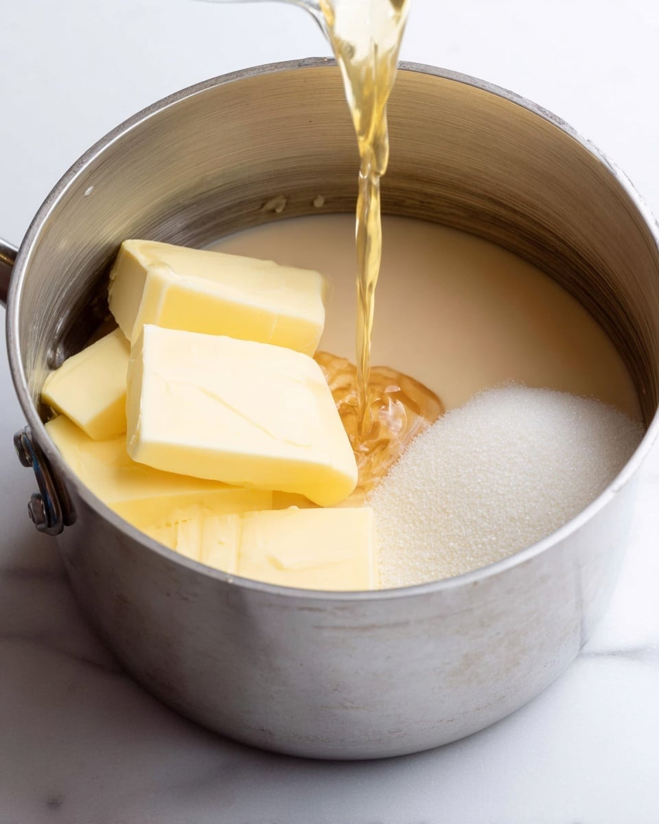 The image shows a metal pot on a white marbled surface filled with three layers of ingredients: on the left, thick light yellow butter blocks, in the middle, a smooth creamy beige liquid, and on the right, white sugar granules. A golden liquid is being poured into the pot, landing mostly on the sugar. The inside of the pot has a shiny but slightly textured silver surface. Photo taken with an iphone --ar 4:5 --v 7