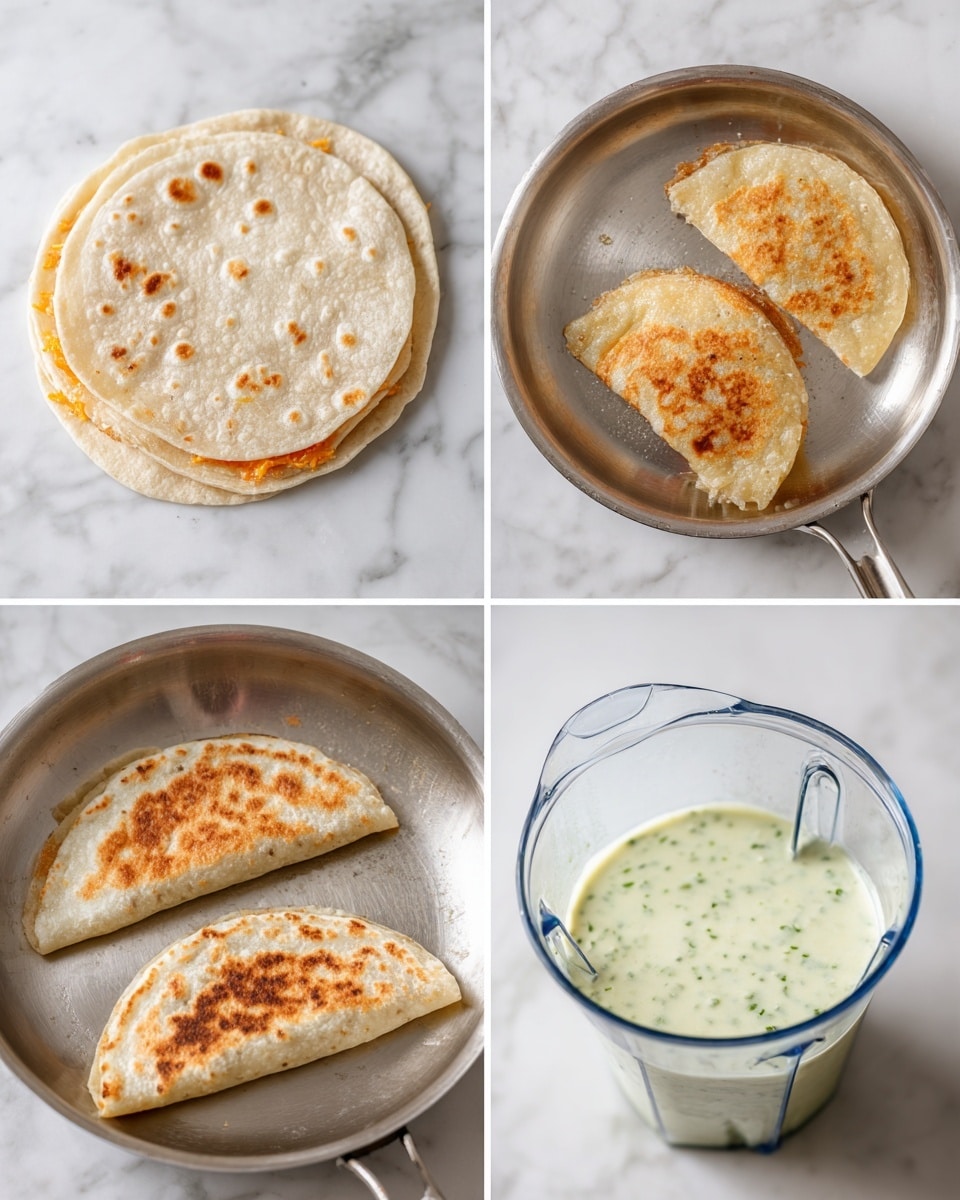 The image shows four smaller pictures arranged in a 2x2 grid on a white marbled surface. The top left picture features a folded soft flat tortilla with visible bits of orange cheese peeking from inside, lying flat. The top right picture has two folded tortillas placed in a shiny silver pan with light golden oil. The bottom left picture is a close-up of two folded tortillas frying in oil inside a pan, with one showing a golden-brown crispy crust and the other partially fried with a light golden color. The bottom right picture shows a transparent blender container filled with a pale green creamy sauce with small green flecks inside, viewed from above. photo taken with an iphone --ar 4:5 --v 7