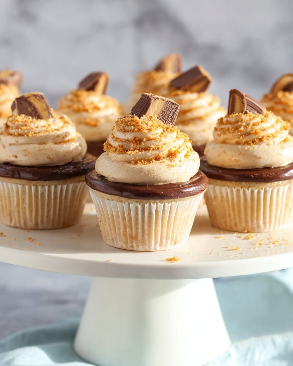 The image shows a close-up of a cupcake with three main layers. The bottom layer is a light golden cupcake in a white paper liner. On top of the cupcake is a thick, smooth layer of dark chocolate frosting. Above this is a large swirl of light beige cream frosting with small pieces mixed in, sprinkled with crushed crumbs. The cupcake is topped with a half piece of a chocolate-covered wafer candy. Other similar cupcakes are visible blurred in the background, all placed on a white cake stand against a dark backdrop and sitting on a white marbled surface. Photo taken with an iphone --ar 4:5 --v 7