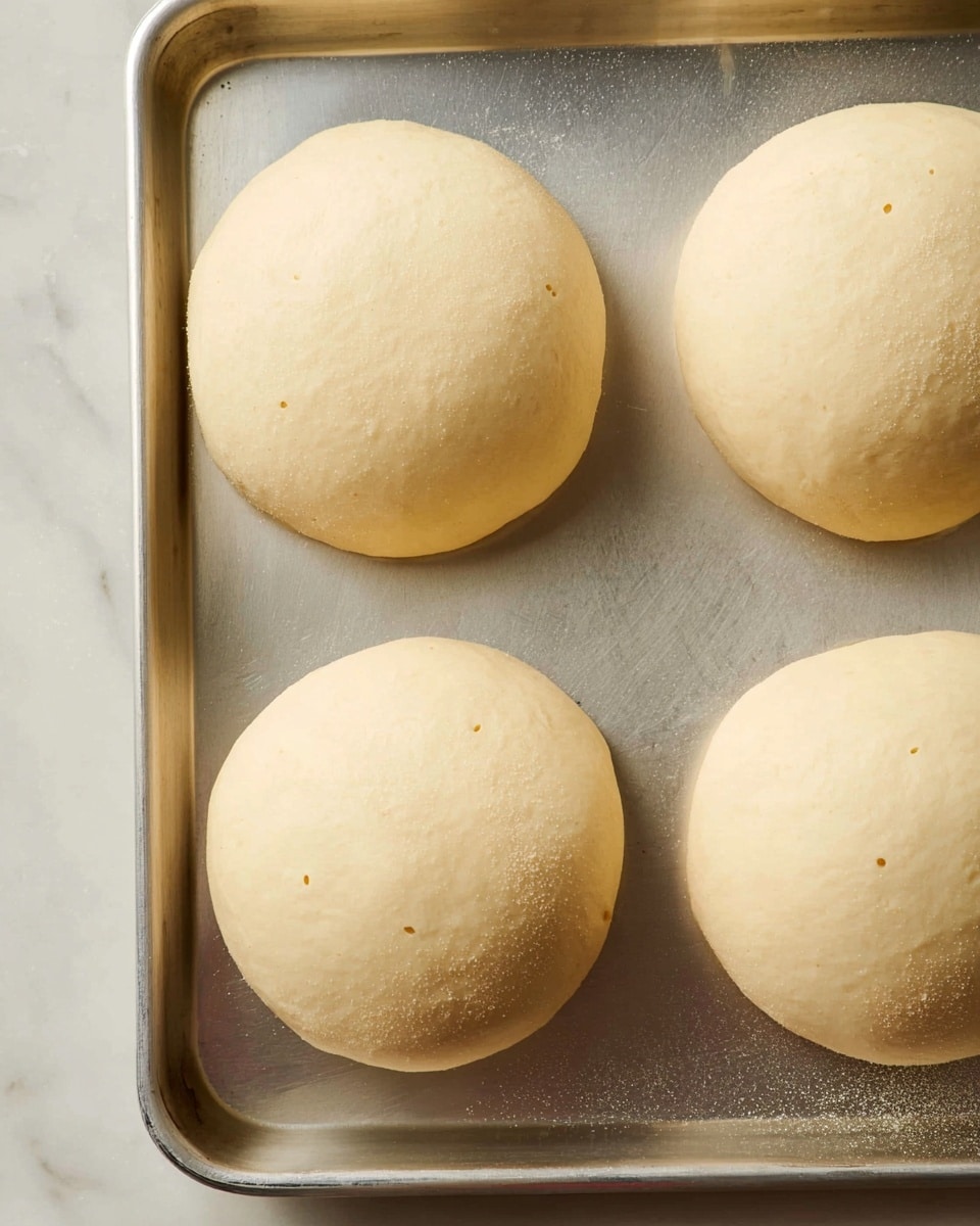 The image shows four round dough balls placed on a metal baking tray, each with a smooth, light beige surface that looks soft and slightly puffy. The dough balls are evenly spaced, with a clean, smooth texture and tiny bubbles on the surface. The tray underneath is a silvery metal, reflecting some soft light, and the background is a white marbled texture. photo taken with an iphone --ar 4:5 --v 7