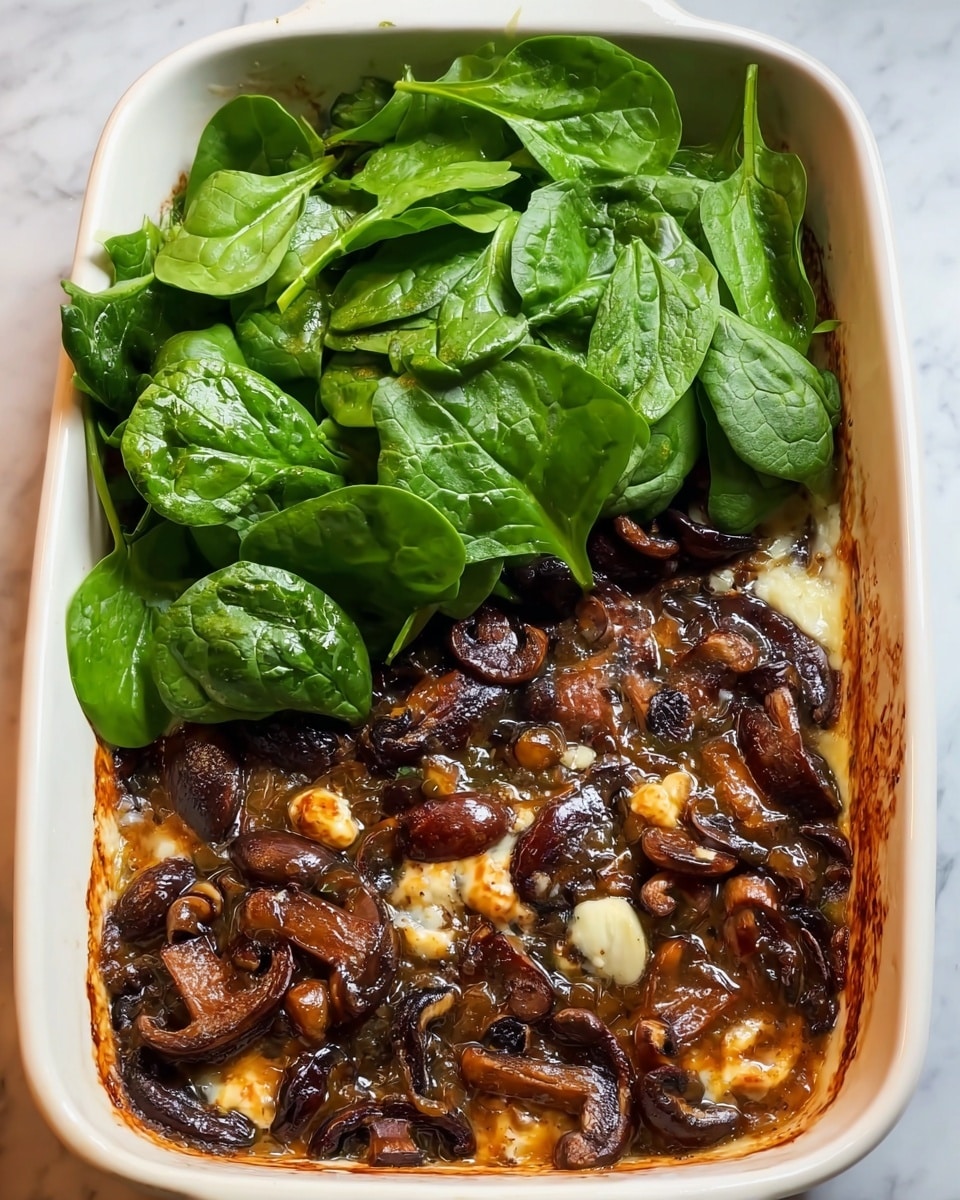 A white rectangular baking dish holds a cooked layer of dark brown mushrooms at the bottom, which look soft and mixed with a light sauce. On top of the mushrooms, there are small pieces of light yellow melted cheese scattered mostly in the front part. Above the cheese, fresh dark green spinach leaves rest loosely, covering the upper half of the dish. The dish sits on a white marbled surface. photo taken with an iphone --ar 4:5 --v 7