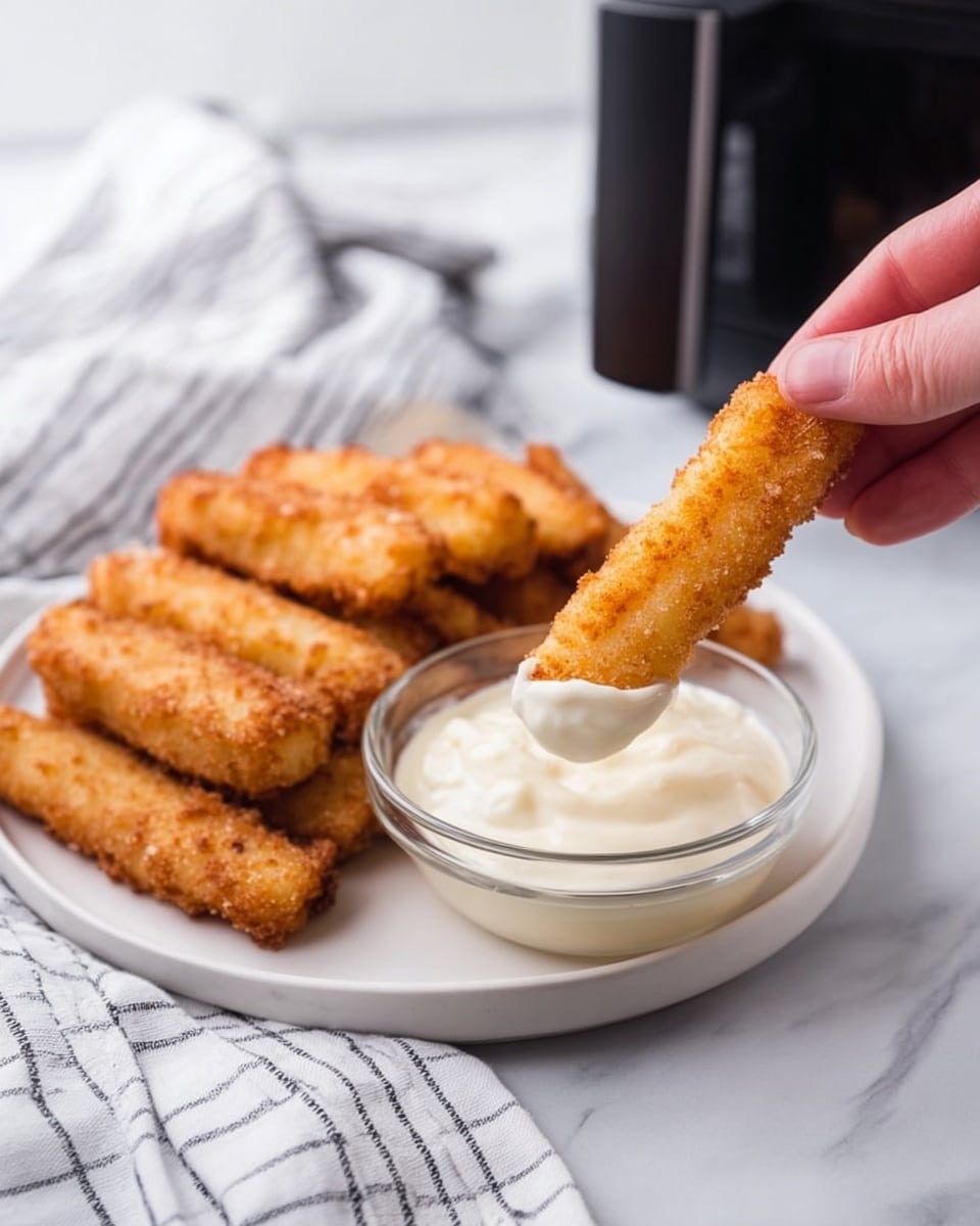 A woman's hand is dipping a golden brown fried stick into a small clear glass bowl filled with creamy white sauce. Behind, on a white round plate, there are multiple fried sticks arranged side by side. The scene is set on a white marbled surface with a white and gray striped cloth in the background alongside a black object with a black cylindrical part. The fried sticks have a crispy texture with an uneven nearby crumb coating. photo taken with an iphone --ar 4:5 --v 7