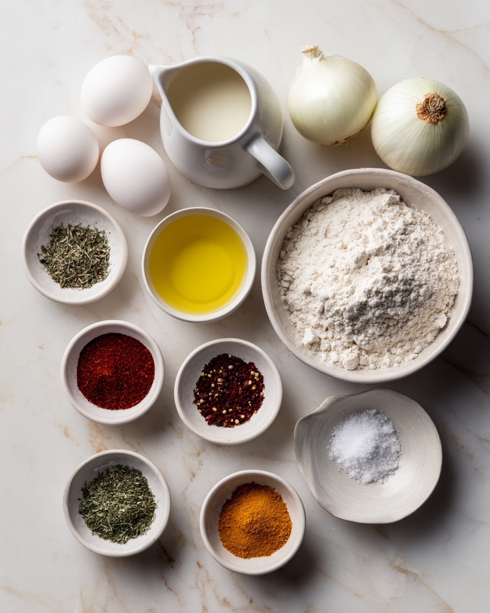 The image shows various cooking ingredients arranged neatly on a white marbled surface. There are two white eggs and two whole white onions placed near the top right. A white bowl filled with white flour is at the bottom right, while a white pitcher with a creamy liquid sits at the top left. Below the pitcher is a small white bowl filled with light yellow oil. Five small white bowls with different spices are placed in the center bottom: green herbs, red spice, a dark red spice, an orange spice, and a yellow spice. Two slightly larger white dishes hold salt and black pepper, positioned in the middle top. The image is clear and bright, focusing on the details and colors of the ingredients photo taken with an iphone --ar 4:5 --v 7