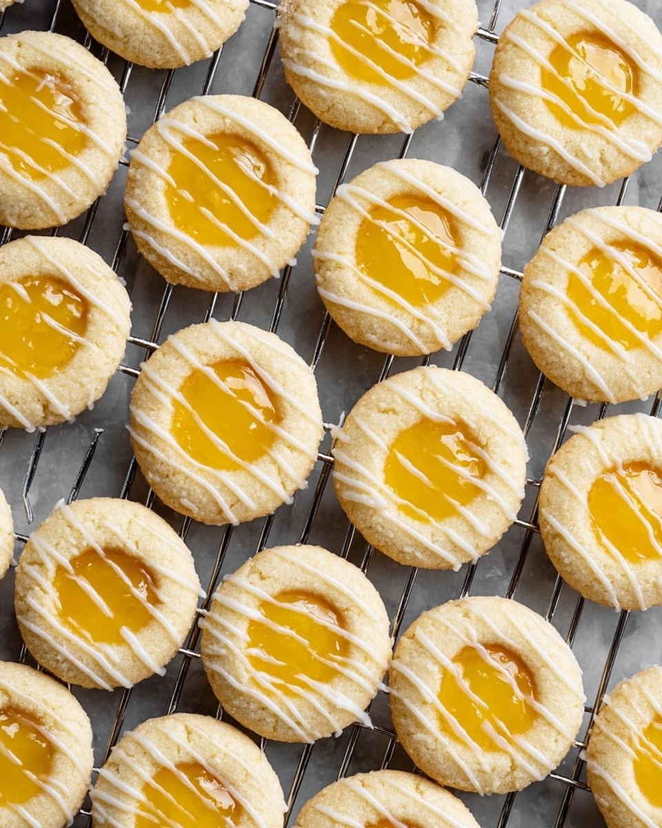 A stack of four round lemon cookies sits on a silver cooling rack over a white marbled surface. The cookies are light golden yellow with a soft, crumbly texture. Each cookie is decorated with thin, white icing drizzles in a curved pattern over the top. The top cookie has a bite taken out, showing a moist and tender interior. Around the stack, more lemon cookies and a slice of lemon are partially visible, with soft natural light making the scene warm and inviting. Photo taken with an iphone --ar 4:5 --v 7