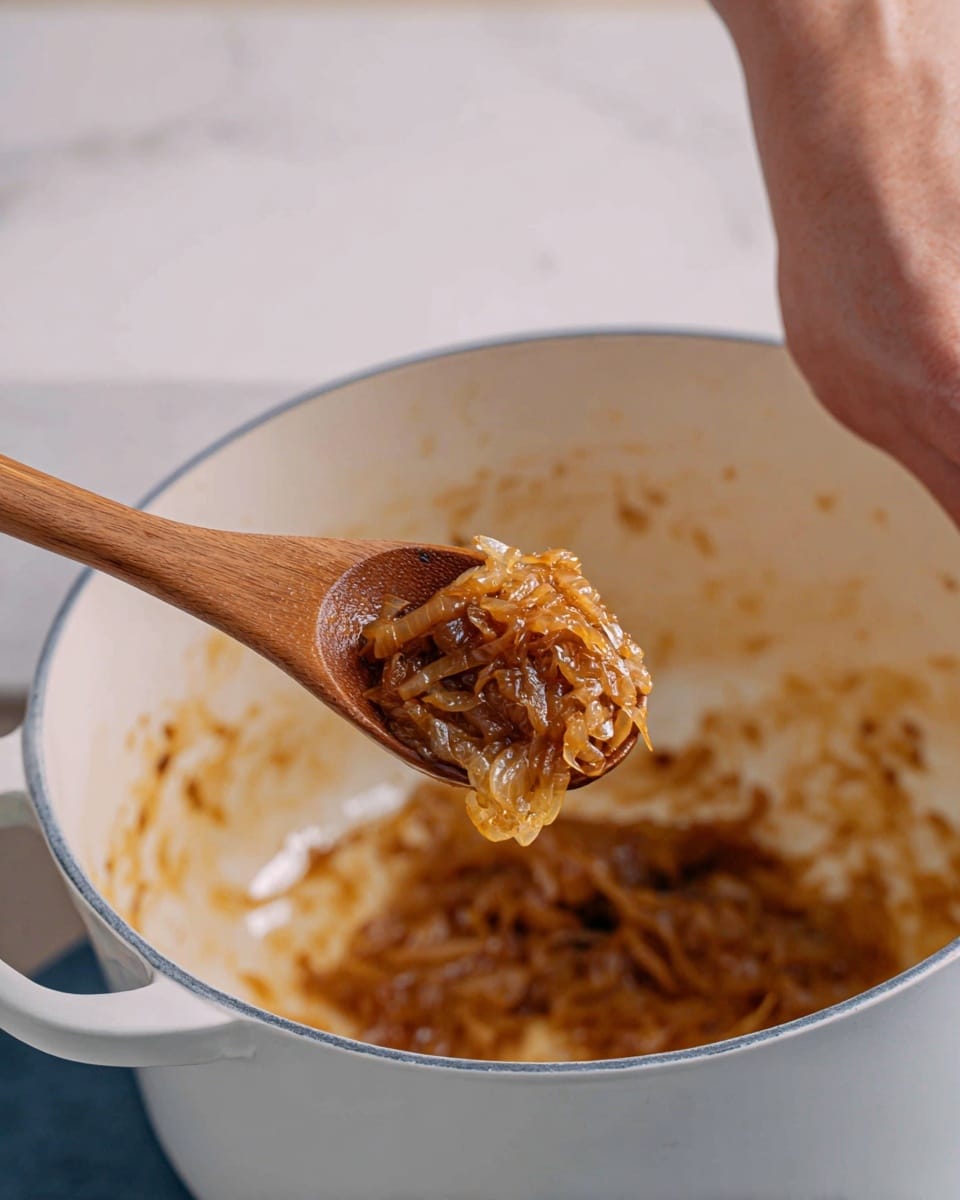 A close-up of a white pot with soft caramelized onions inside, showing a wooden spoon lifting a small pile of the golden-brown onions with a glossy texture, strands visible, slightly sticky and cooked down, while a person's hand points at the spoon over a white marbled surface background photo taken with an iphone --ar 4:5 --v 7