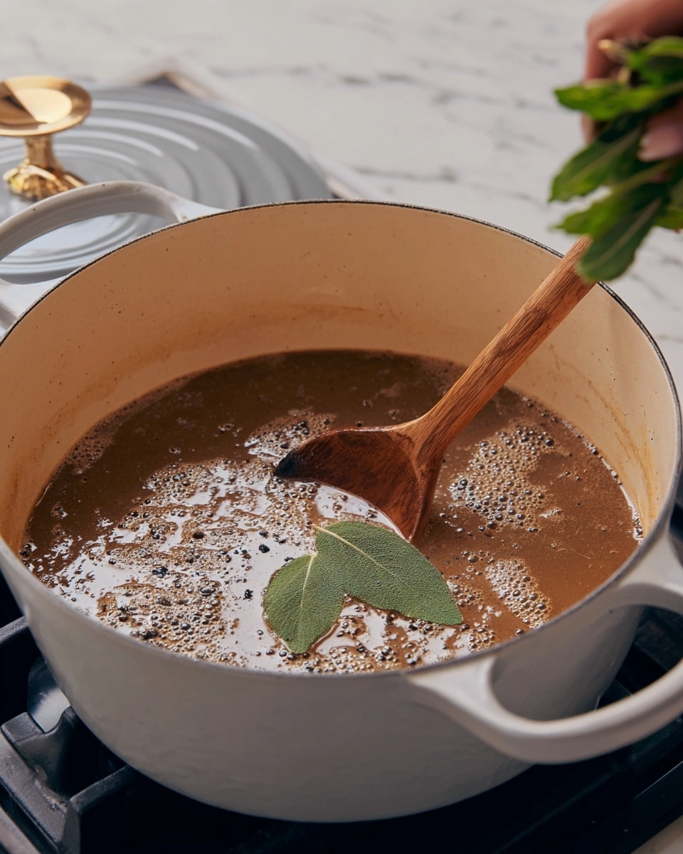 A large white pot sits on a stove with a brown liquid sauce inside. The sauce has small bubbles rising on the surface and some black pepper sprinkled on top. Two green leaves float gently on the sauce. A wooden spoon is resting inside the pot, stirring the sauce. The pot has two handles, and a matching lid is placed behind it on a white marbled surface. A woman’s hand is holding some fresh herbs above the pot. Photo taken with an iphone --ar 4:5 --v 7
