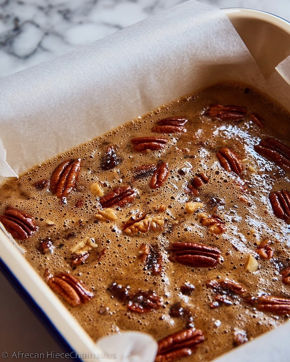 The image shows a close-up of a baking dish lined with white parchment paper. Inside, there is a bubbly, brown mixture filled with whole and halved pecans scattered evenly across the surface. The mixture has a shiny, syrupy texture with light froth bubbles, creating a sticky and rich appearance. The baking dish is white with a hint of blue on the edge, and the background is a white marbled surface. photo taken with an iphone --ar 4:5 --v 7