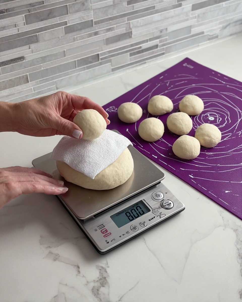 A woman's hand holds a small round dough ball over a sleek silver digital scale showing