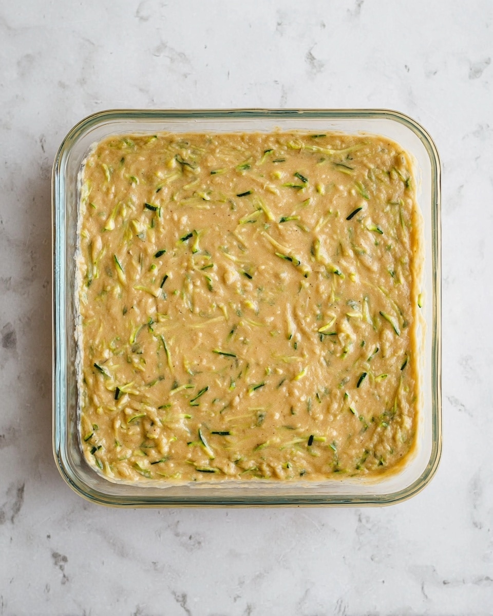 The image shows a clear square glass baking dish filled with a thick batter that is light brown with green specks mixed throughout, likely shredded zucchini. The batter is spread evenly inside the dish, with a slightly smooth but textured surface showing the small strands of green interspersed in it. The dish is placed on a white marbled textured surface. photo taken with an iphone --ar 4:5 --v 7