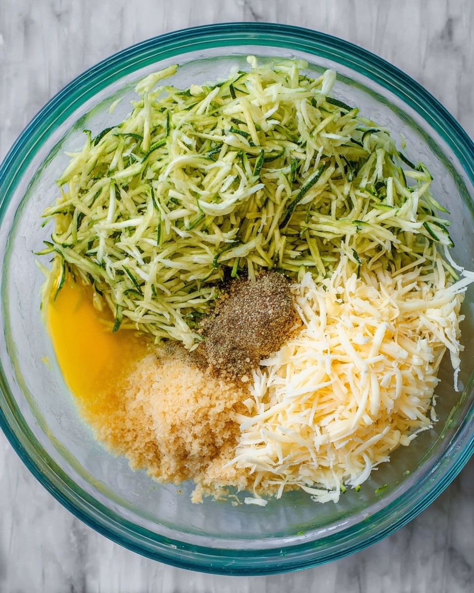 A clear glass bowl contains four main layers of ingredients placed separately: at the top left is a large pile of finely shredded green zucchini, with thin, moist strands; at the bottom left corner there is a pool of beaten yellow eggs; the bottom right side holds a heap of creamy white shredded cheese; and in the center, a small pile of light tan minced garlic and a dusting of dark ground spices with visible coarse salt crystals sit together, all arranged on a white marbled surface. Photo taken with an iphone --ar 4:5 --v 7