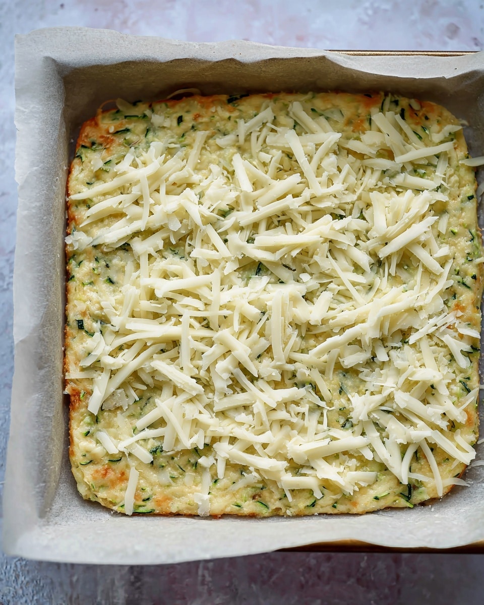 The image shows a square-shaped flat dish on white baking paper in a baking tray, with two visible layers. The bottom layer is a slightly browned, light yellow-green base with small green bits, likely zucchini, spread evenly and baked to a firm texture with crisp edges. The top layer is loose shredded white cheese scattered over the base, not yet melted, with differing lengths and thicknesses. The background is a white marbled texture. photo taken with an iphone --ar 4:5 --v 7