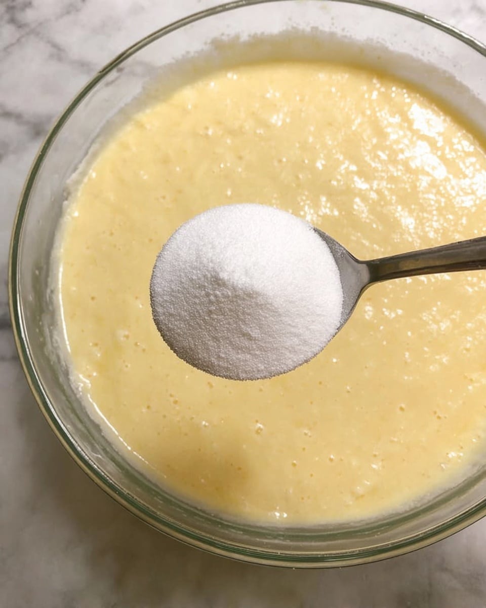 A close-up image shows a large clear glass bowl filled with a thick, creamy yellow batter that has a smooth texture with some bubbles visible. Above the bowl, a metal spoon holds a white granular powder, poised to be added into the batter. The background surface is a white marbled texture. Photo taken with an iphone --ar 4:5 --v 7